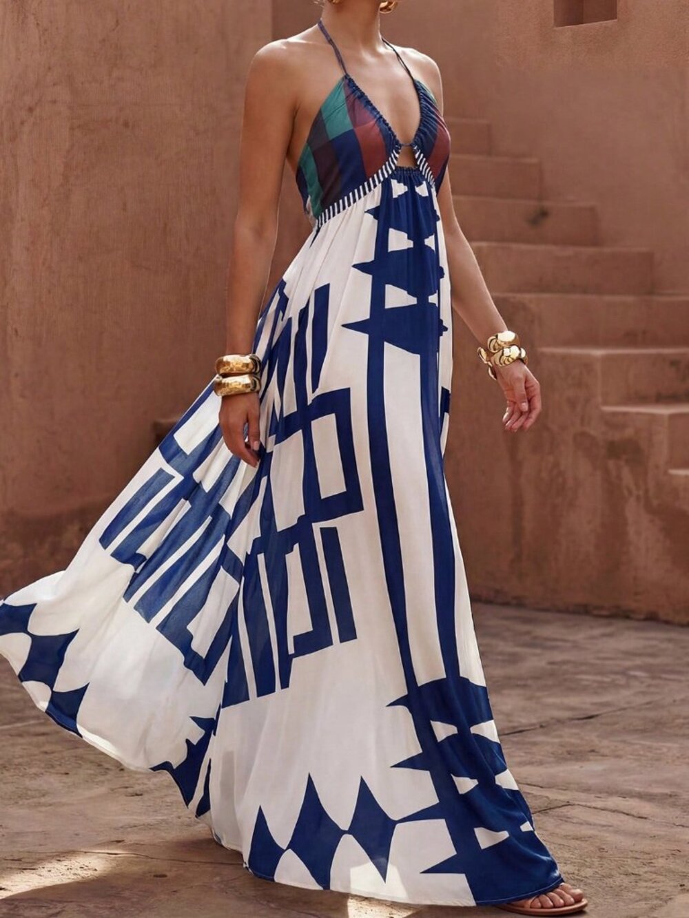 Multicolor Boho Women's Maxi Dress with Spaghetti Straps and Deep V-Neck
